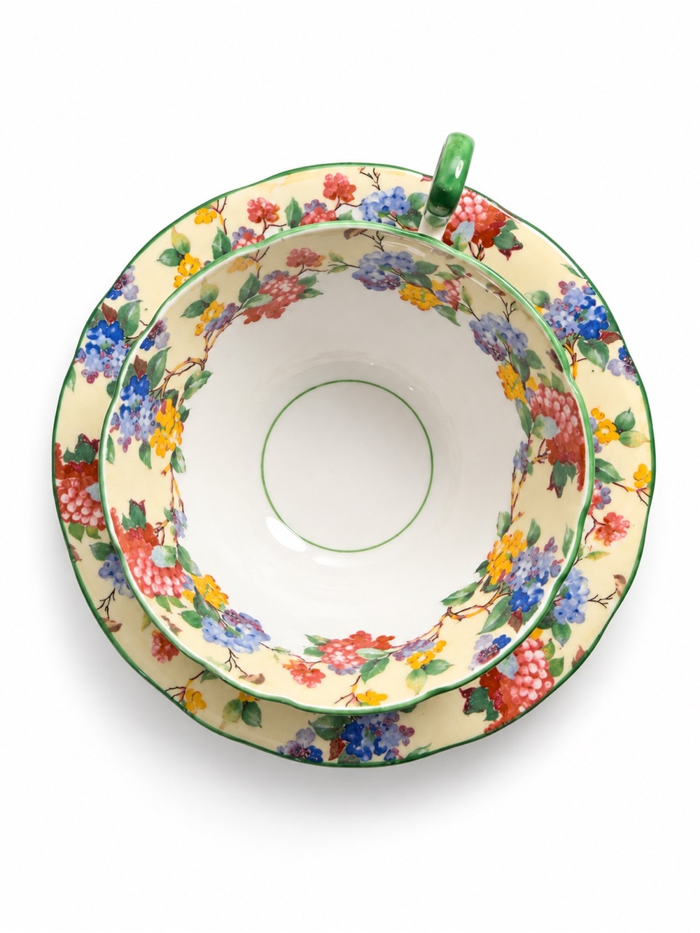 c.1930s–40s Aynsley England Floral Bone China Teacup & Saucer Green Trim